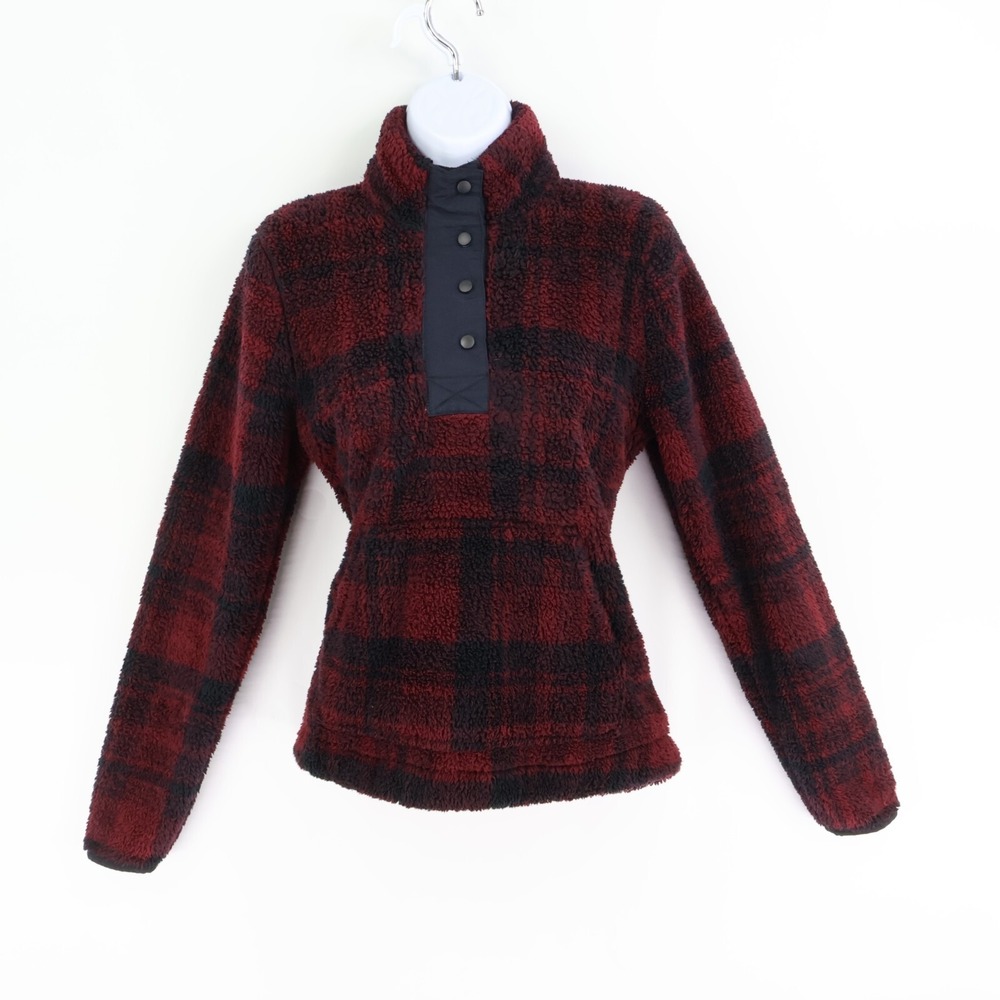 Eddie Bauer Sherpa Pullover Sweatshirt Womens‎ S Maroon Plaid 1/4 Button Up Soft